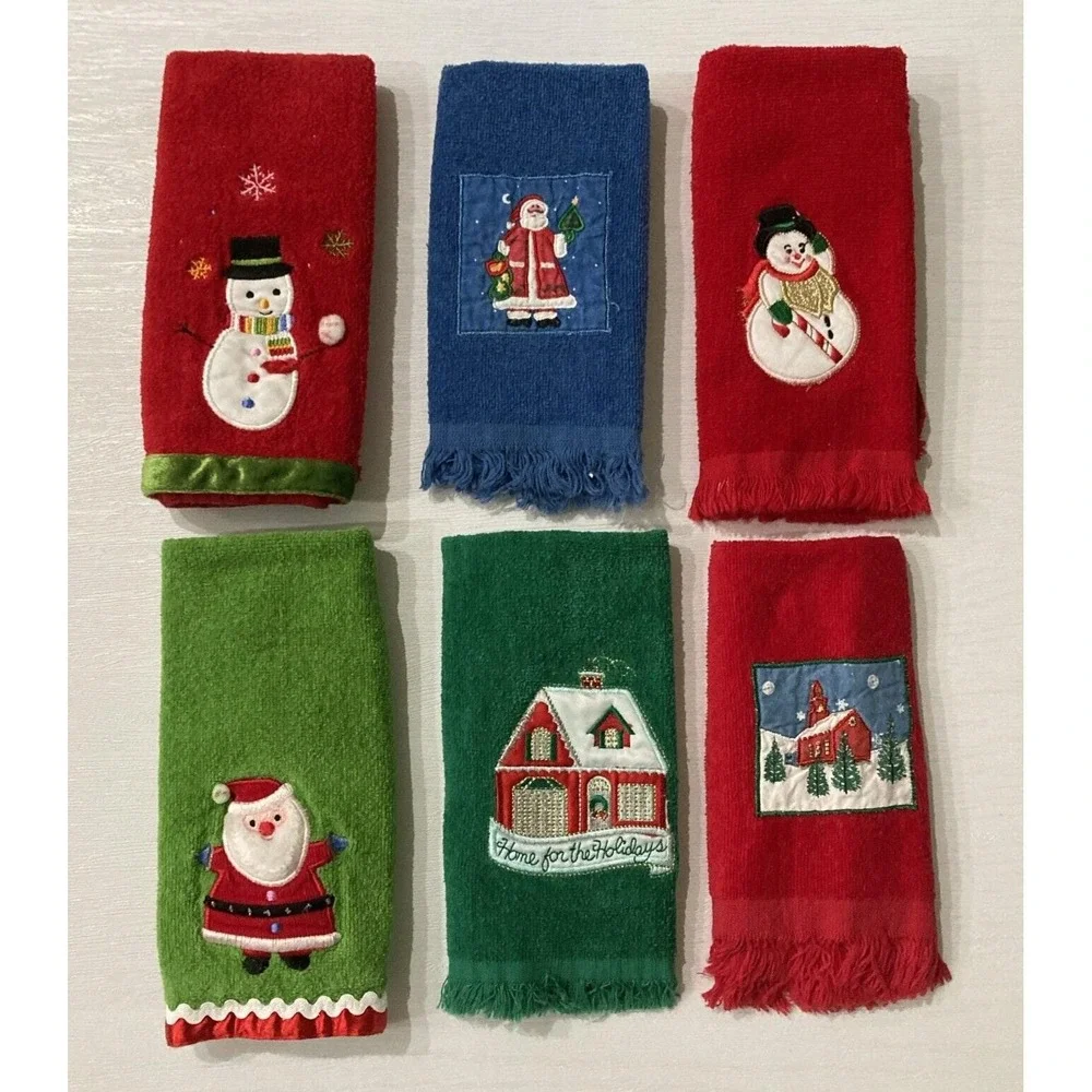 6 Christmas Finger Towel Set Embroidered Applique Holiday Winter Home Vintage